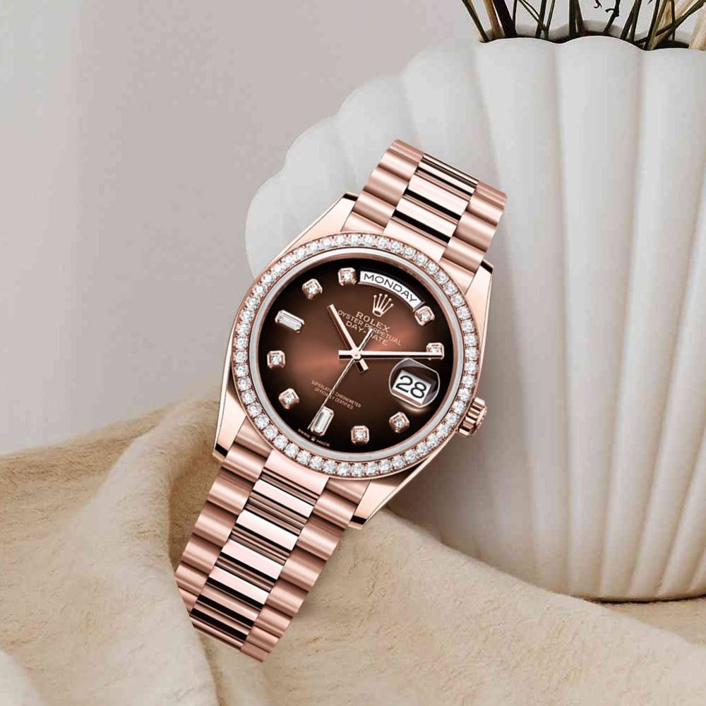 Rolex Day Date 36mm - Ref: 128345rbr-0040 - Brown Ombre Diamond Dial & Diamond Bezel, 18K Rose Gold President Bracelet Watch