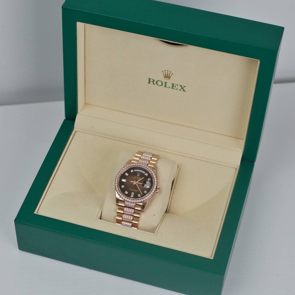 Rolex Day Date 36mm - Ref: 128345rbr-0041 - Brown Ombre Diamond Dial & Diamond Bezel, 18K Rose Gold & Diamonds President Bracelet Watch