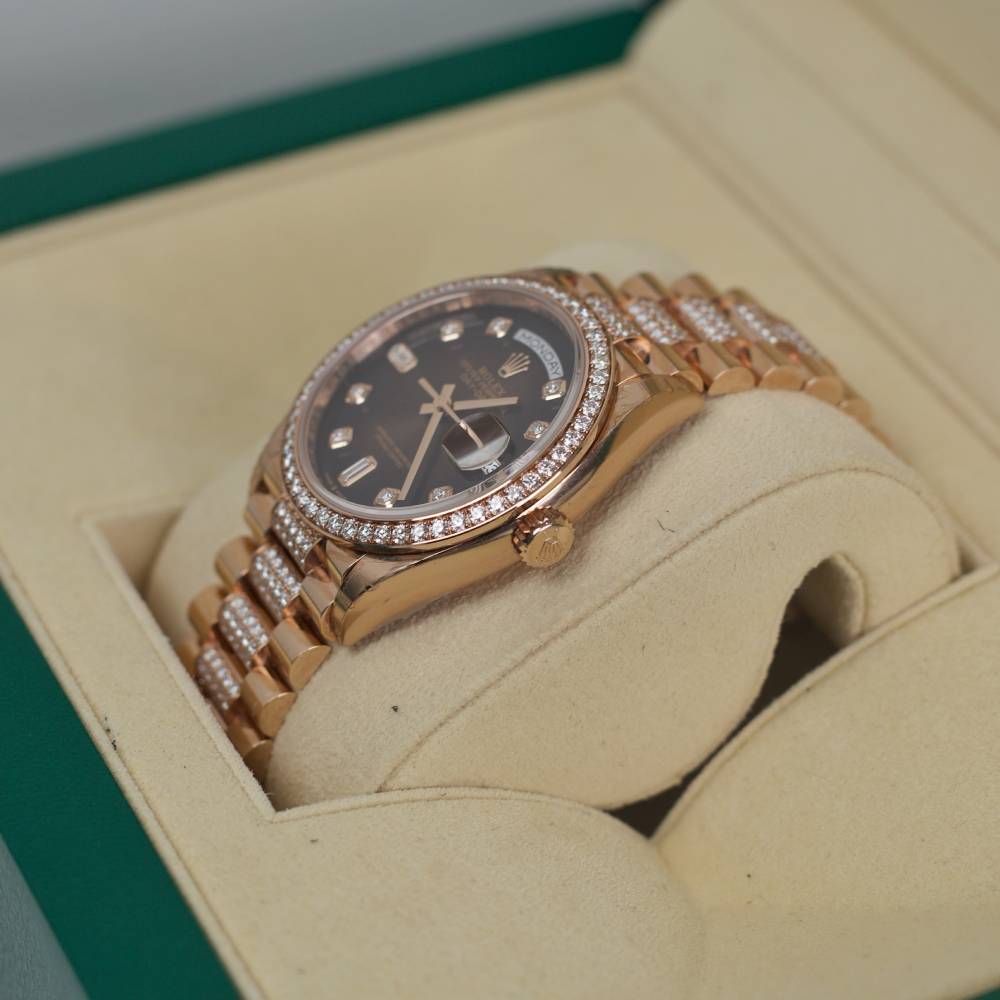 Rolex Day Date 36mm - Ref: 128345rbr-0041 - Brown Ombre Diamond Dial & Diamond Bezel, 18K Rose Gold & Diamonds President Bracelet Watch