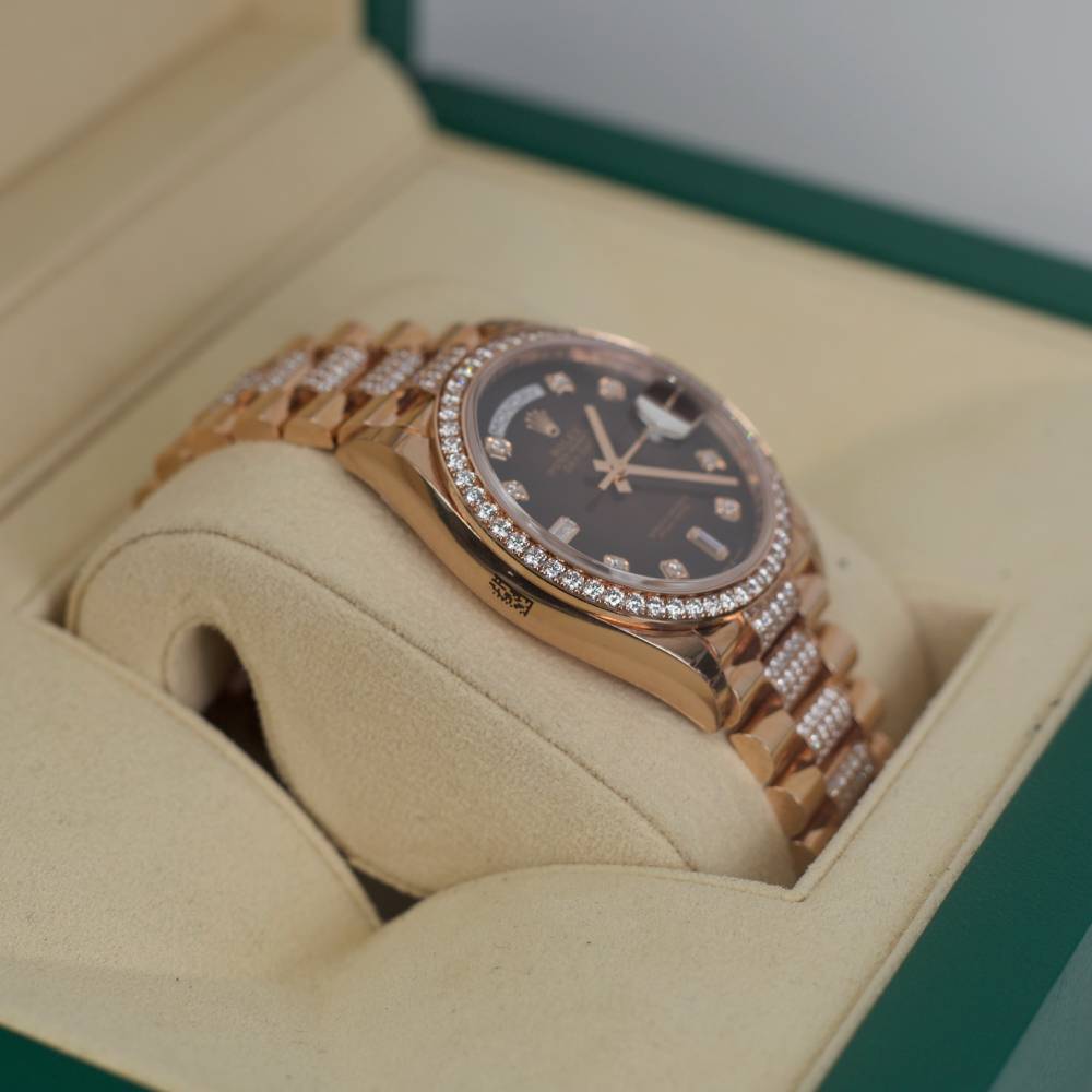 Rolex Day Date 36mm - Ref: 128345rbr-0041 - Brown Ombre Diamond Dial & Diamond Bezel, 18K Rose Gold & Diamonds President Bracelet Watch