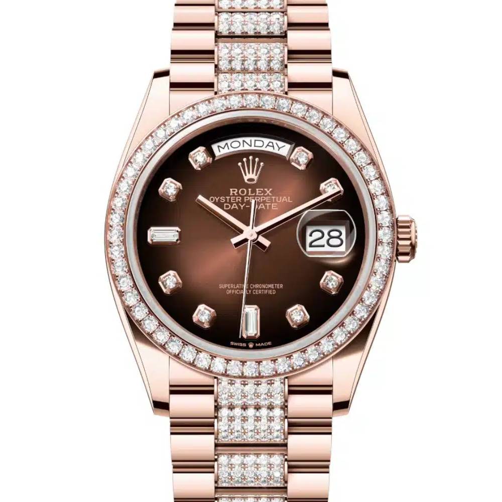 Rolex Day Date 36mm - Ref: 128345rbr-0041 - Brown Ombre Diamond Dial & Diamond Bezel, 18K Rose Gold & Diamonds President Bracelet Watch