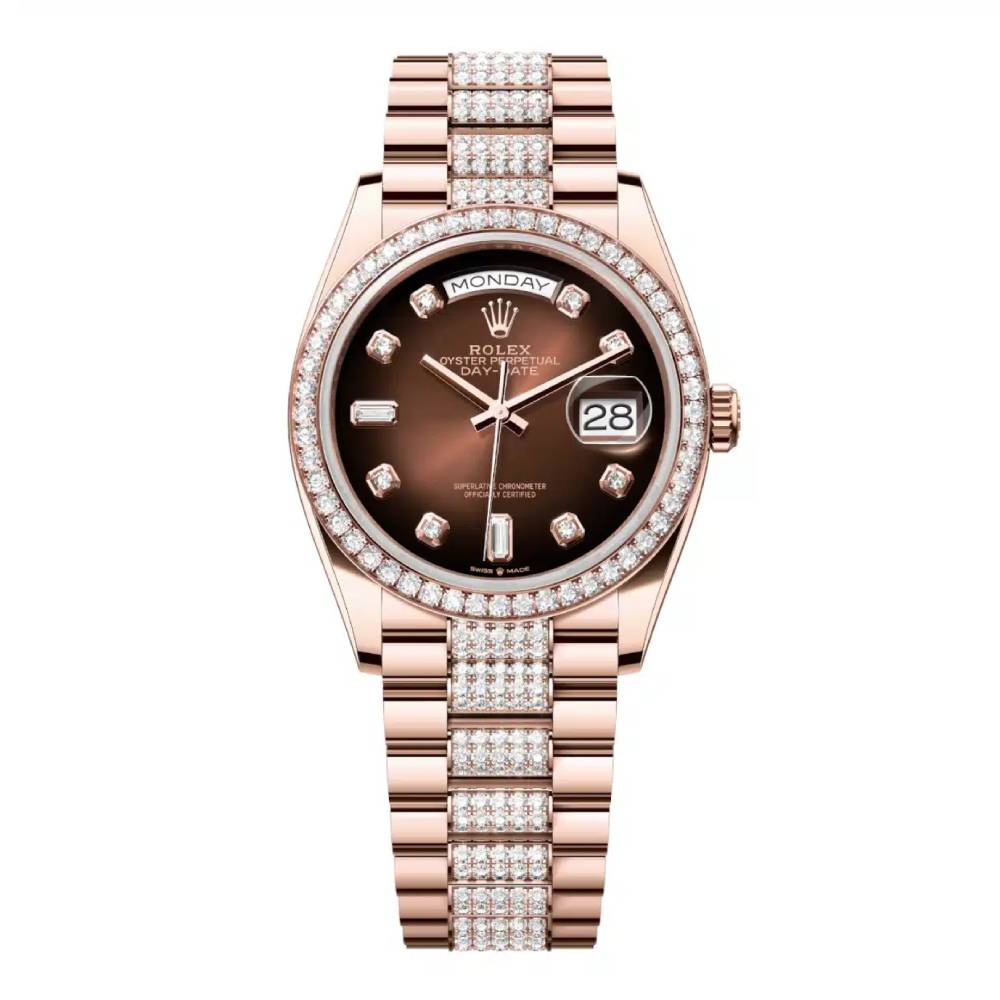 Rolex Day Date 36mm - Ref: 128345rbr-0041 - Brown Ombre Diamond Dial & Diamond Bezel, 18K Rose Gold & Diamonds President Bracelet Watch