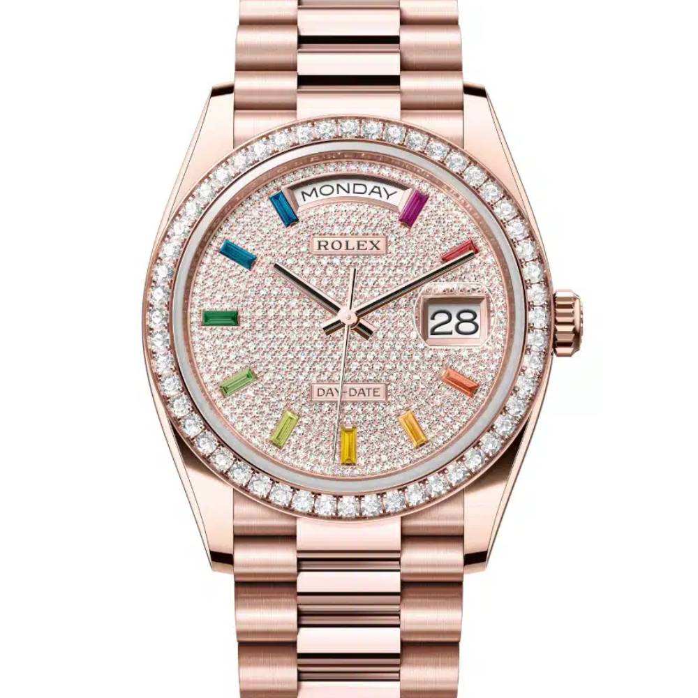 Rolex Day Date 36mm - Ref: 128345rbr-0042 - Pave Rainbow Diamond Dial & Diamond Bezel, 18K Rose Gold President Bracelet Watch