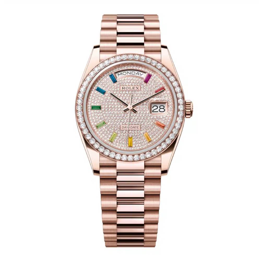 Rolex Day Date 36mm - Ref: 128345rbr-0042 - Pave Rainbow Diamond Dial & Diamond Bezel, 18K Rose Gold President Bracelet Watch