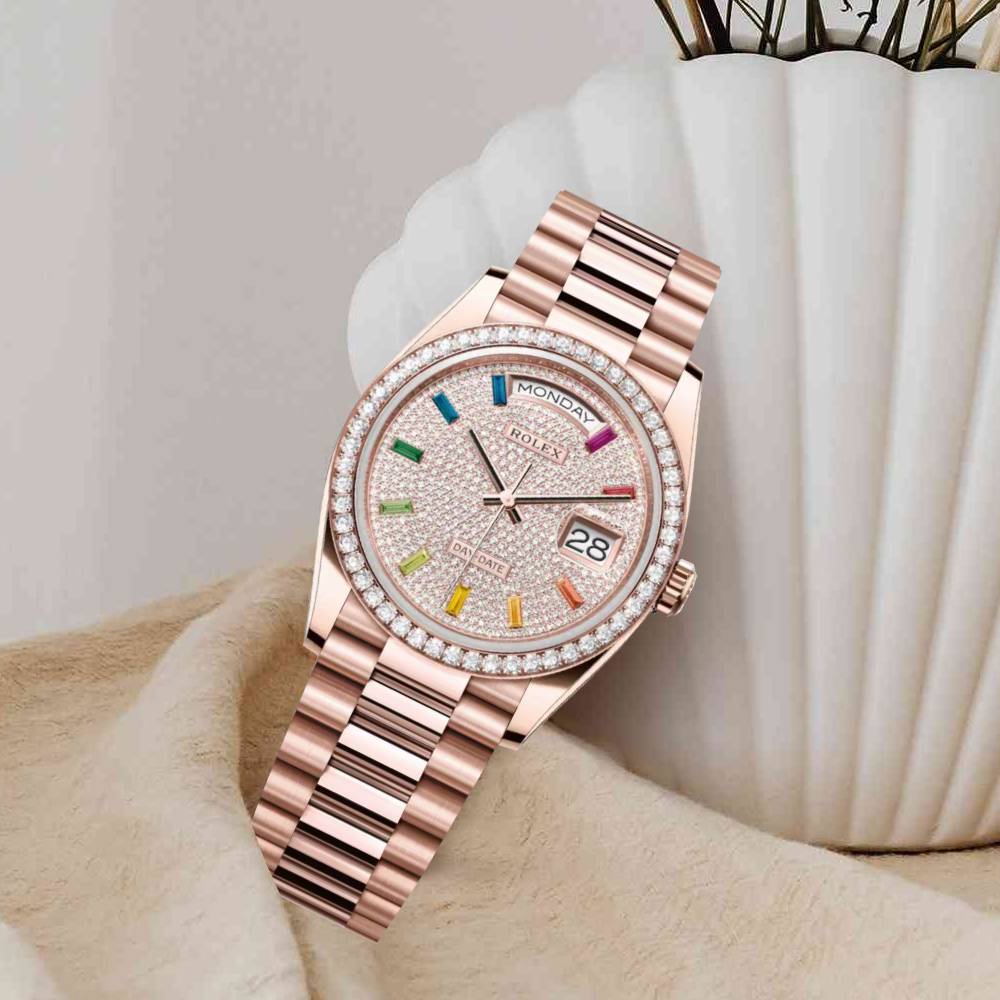 Rolex Day Date 36mm - Ref: 128345rbr-0042 - Pave Rainbow Diamond Dial & Diamond Bezel, 18K Rose Gold President Bracelet Watch