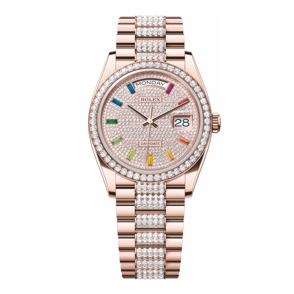 Rolex Day Date 36mm - Ref: 128345rbr-0043 - Pave Rainbow Diamond Dial & Diamond Bezel, 18K Rose Gold & Diamonds President Bracelet Watch