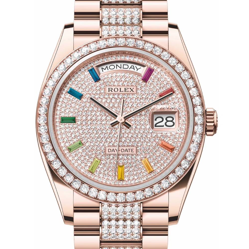 Rolex Day Date 36mm - Ref: 128345rbr-0043 - Pave Rainbow Diamond Dial & Diamond Bezel, 18K Rose Gold & Diamonds President Bracelet Watch