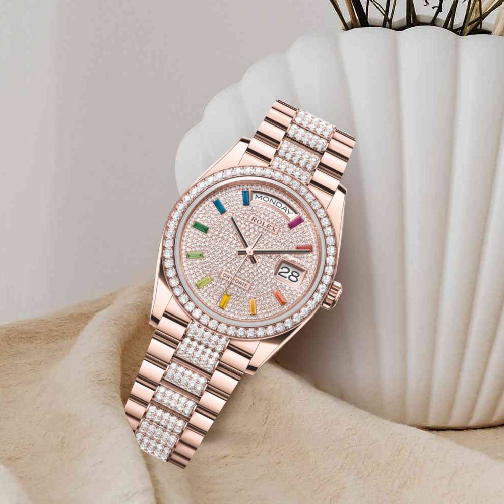 Rolex Day Date 36mm - Ref: 128345rbr-0043 - Pave Rainbow Diamond Dial & Diamond Bezel, 18K Rose Gold & Diamonds President Bracelet Watch