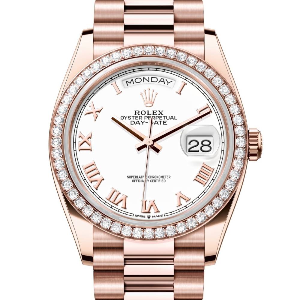 Rolex Day Date 36mm - Ref: 128345rbr-0054 - White Roman Dial & Diamond Bezel, 18K Rose Gold President Bracelet Watch