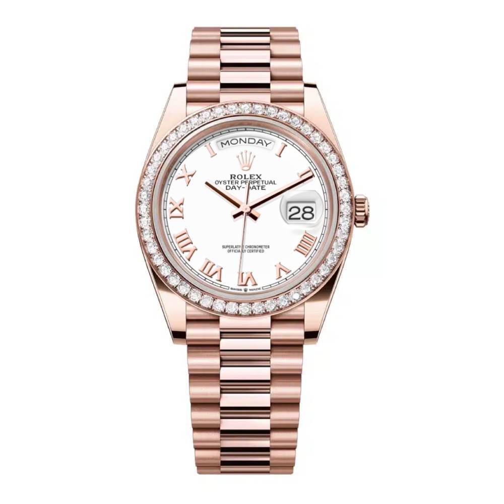 Rolex Day Date 36mm - Ref: 128345rbr-0054 - White Roman Dial & Diamond Bezel, 18K Rose Gold President Bracelet Watch