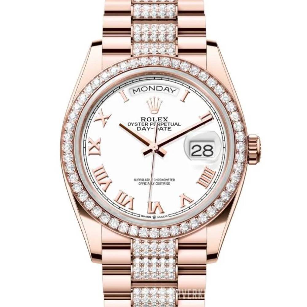 Rolex Day Date 36mm - Ref: 128345rbr-0055 - White Roman Dial & Diamond Bezel, 18K Rose Gold & Diamonds President Bracelet Watch