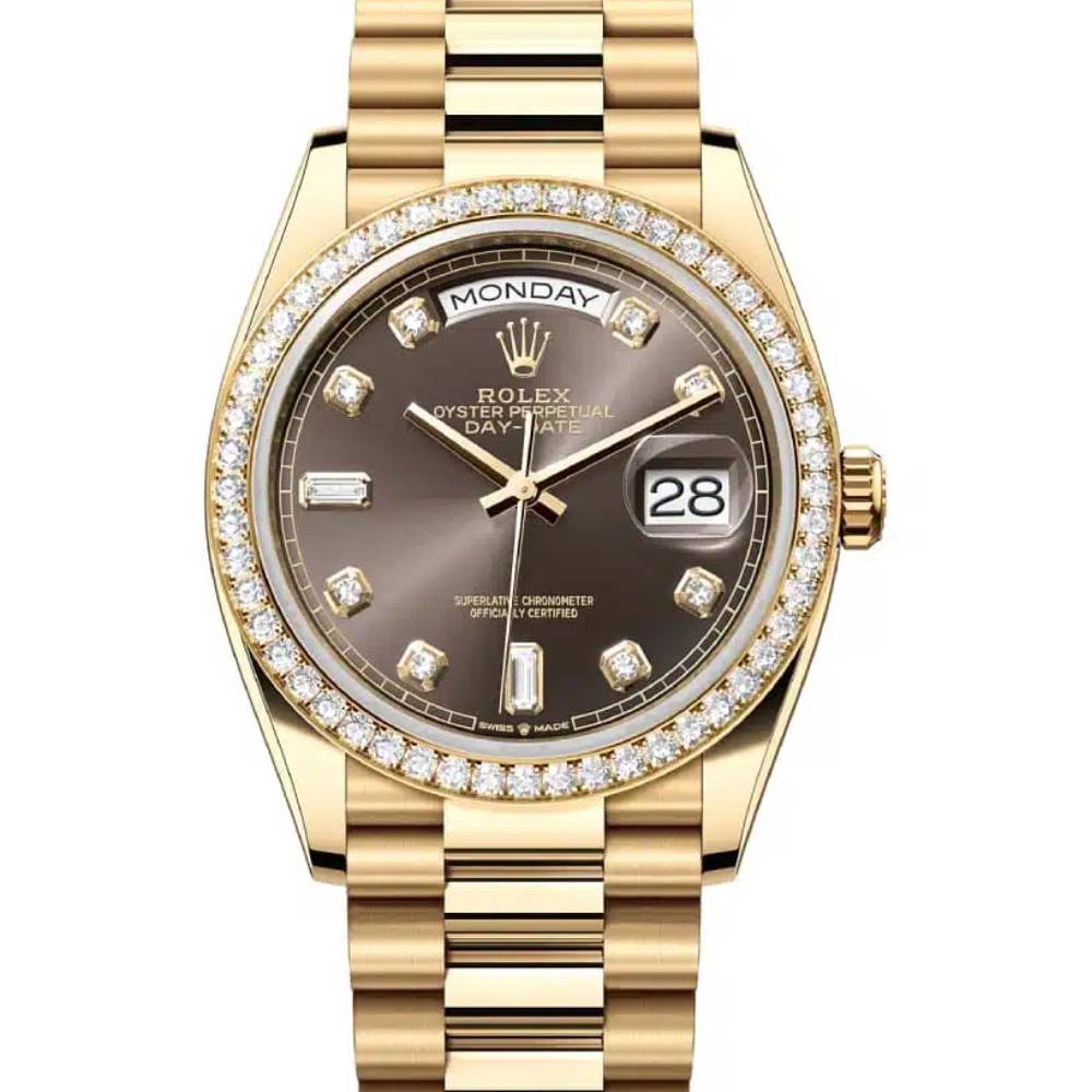 Rolex Day Date 36mm - Ref: 128348rbr-0005 - Dark Grey Diamond Dial & Diamond Bezel, 18K Yellow Gold President Bracelet Watch