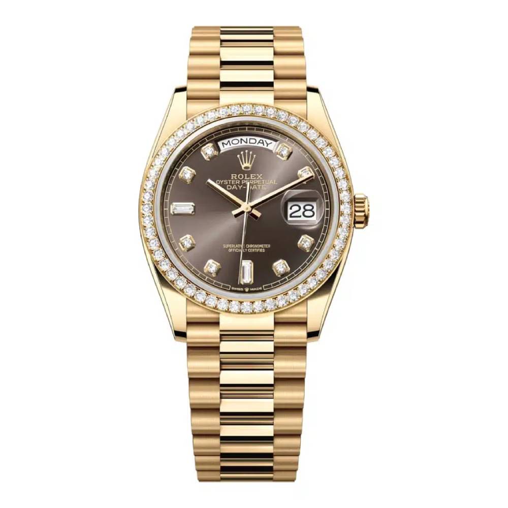 Rolex Day Date 36mm - Ref: 128348rbr-0005 - Dark Grey Diamond Dial & Diamond Bezel, 18K Yellow Gold President Bracelet Watch