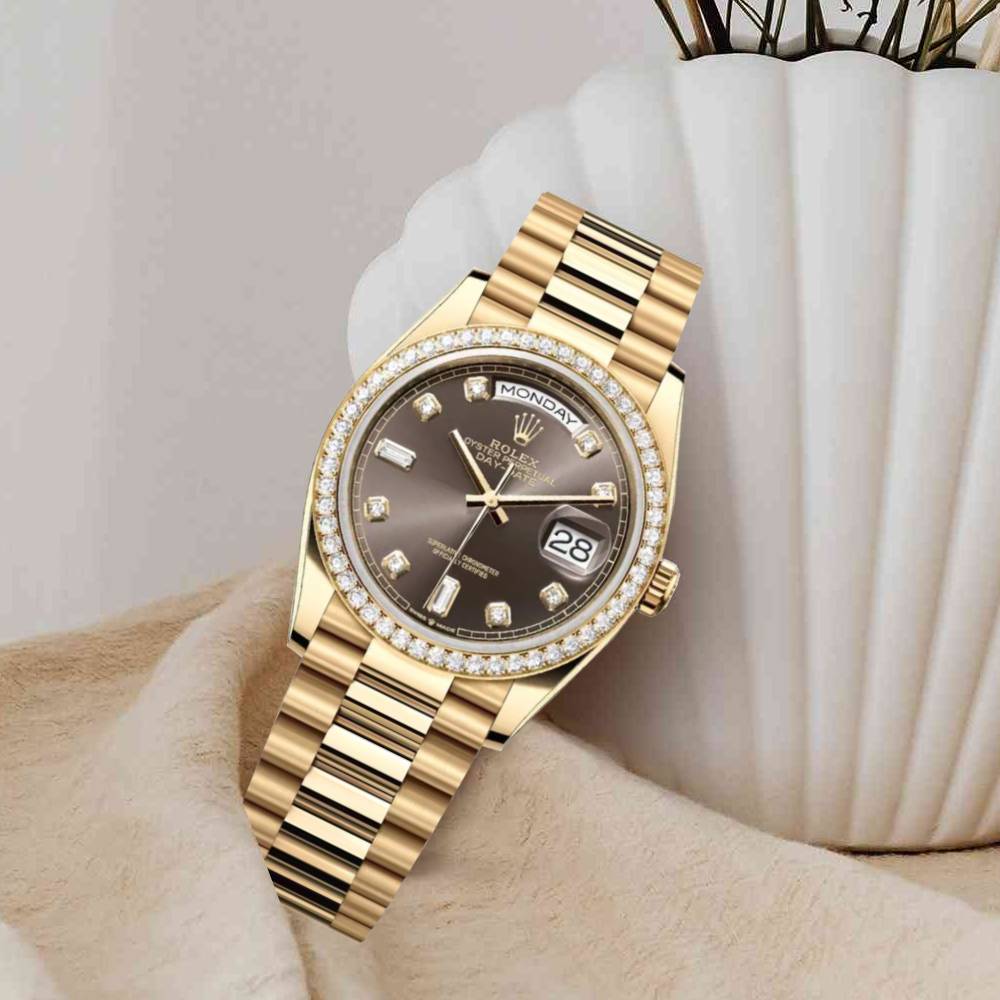 Rolex Day Date 36mm - Ref: 128348rbr-0005 - Dark Grey Diamond Dial & Diamond Bezel, 18K Yellow Gold President Bracelet Watch