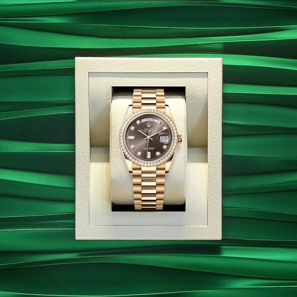 Rolex Day Date 36mm - Ref: 128348rbr-0005 - Dark Grey Diamond Dial & Diamond Bezel, 18K Yellow Gold President Bracelet Watch