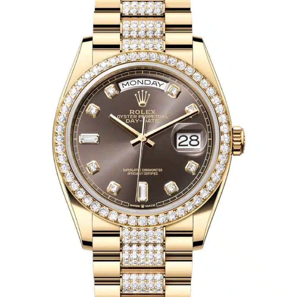 Rolex Day Date 36mm - Ref: 128348rbr-0007 - Dark Grey Diamond Dial & Diamond Bezel, 18K Yellow Gold & Diamonds President Bracelet Watch