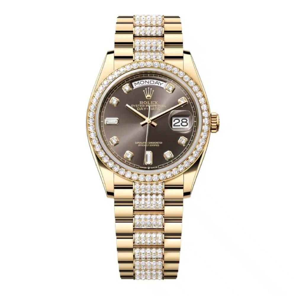 Rolex Day Date 36mm - Ref: 128348rbr-0007 - Dark Grey Diamond Dial & Diamond Bezel, 18K Yellow Gold & Diamonds President Bracelet Watch