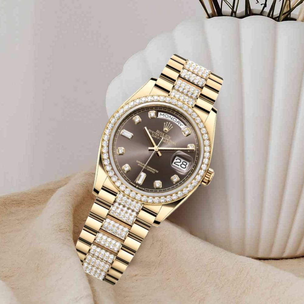 Rolex Day Date 36mm - Ref: 128348rbr-0007 - Dark Grey Diamond Dial & Diamond Bezel, 18K Yellow Gold & Diamonds President Bracelet Watch