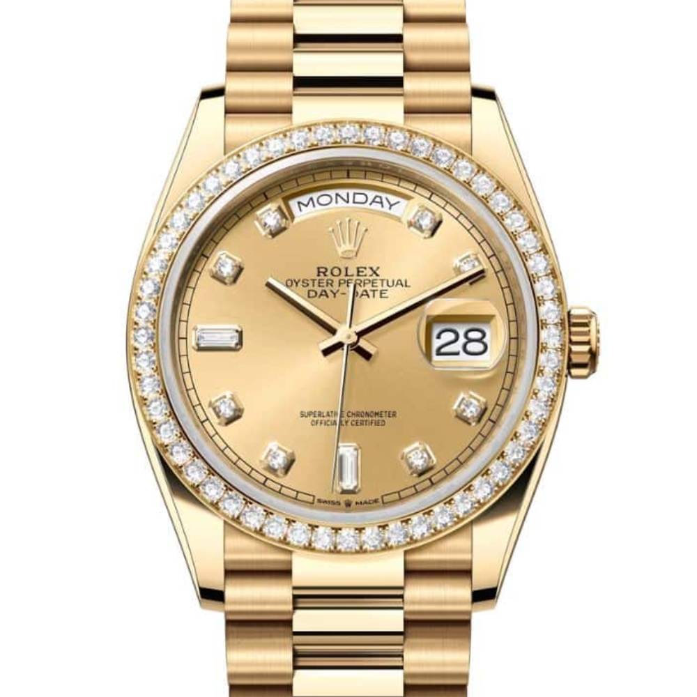 Rolex Day Date 36mm - Ref: 128348rbr-0008 - Champagne Diamond Dial & Diamond Bezel, 18K Yellow Gold President Bracelet Watch