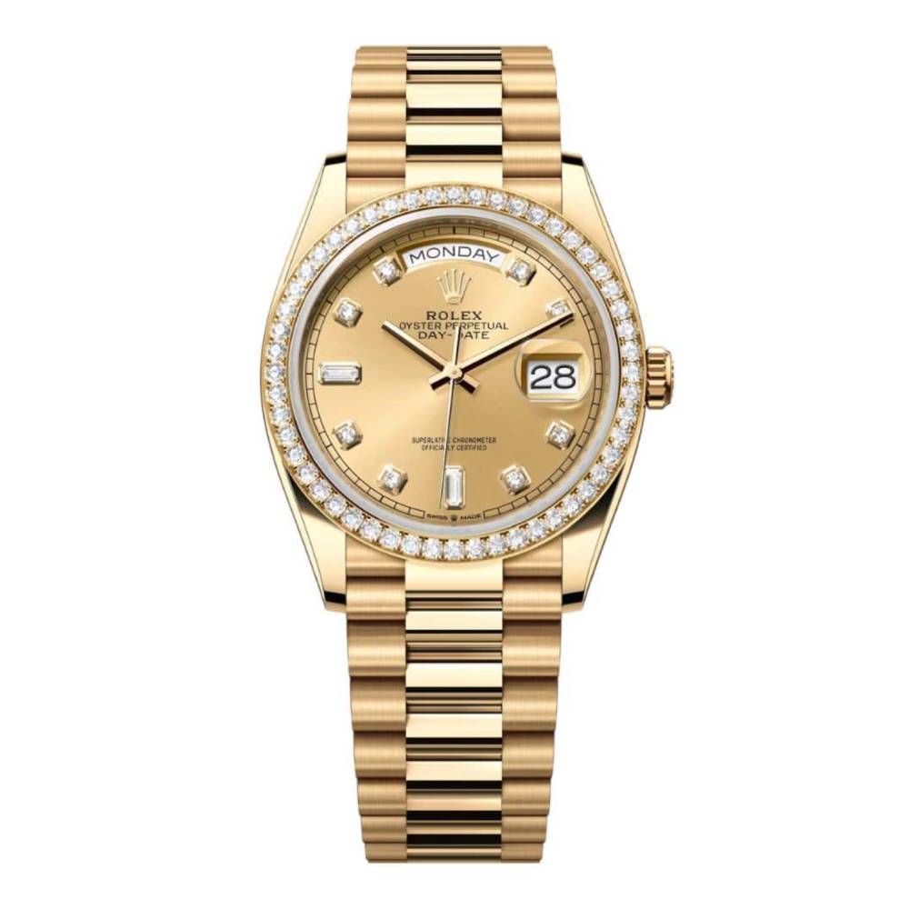 Rolex Day Date 36mm - Ref: 128348rbr-0008 - Champagne Diamond Dial & Diamond Bezel, 18K Yellow Gold President Bracelet Watch