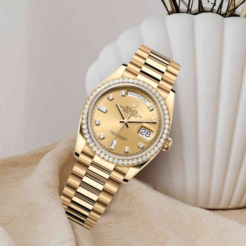 Rolex Day Date 36mm - Ref: 128348rbr-0008 - Champagne Diamond Dial & Diamond Bezel, 18K Yellow Gold President Bracelet Watch