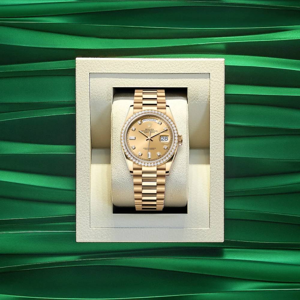 Rolex Day Date 36mm - Ref: 128348rbr-0008 - Champagne Diamond Dial & Diamond Bezel, 18K Yellow Gold President Bracelet Watch