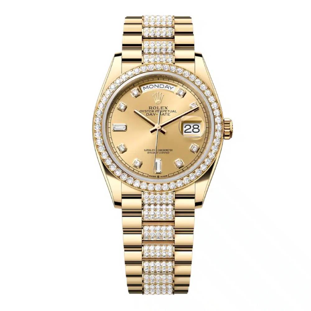 Rolex Day Date 36mm - Ref: 128348rbr-0010 - Champagne Diamond Dial & Diamond Bezel, 18K Yellow Gold & Diamonds President Bracelet Watch