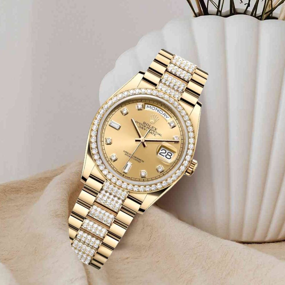 Rolex Day Date 36mm - Ref: 128348rbr-0010 - Champagne Diamond Dial & Diamond Bezel, 18K Yellow Gold & Diamonds President Bracelet Watch