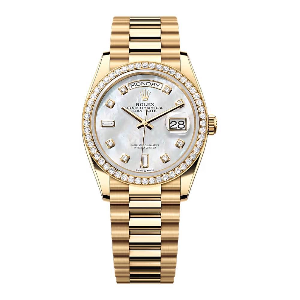 Rolex Day Date 36mm - Ref: 128348rbr-0017 - White Mother of Pearl Diamond Dial & Diamond Bezel, 18K Yellow Gold President Bracelet Watch