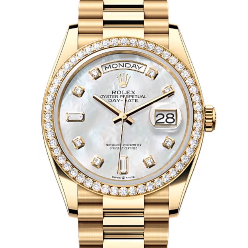 Rolex Day Date 36mm - Ref: 128348rbr-0017 - White Mother of Pearl Diamond Dial & Diamond Bezel, 18K Yellow Gold President Bracelet Watch