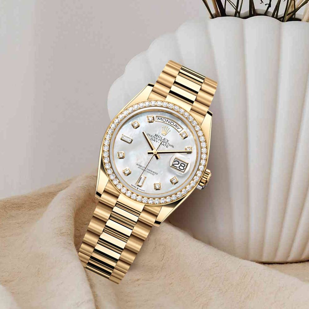 Rolex Day Date 36mm - Ref: 128348rbr-0017 - White Mother of Pearl Diamond Dial & Diamond Bezel, 18K Yellow Gold President Bracelet Watch