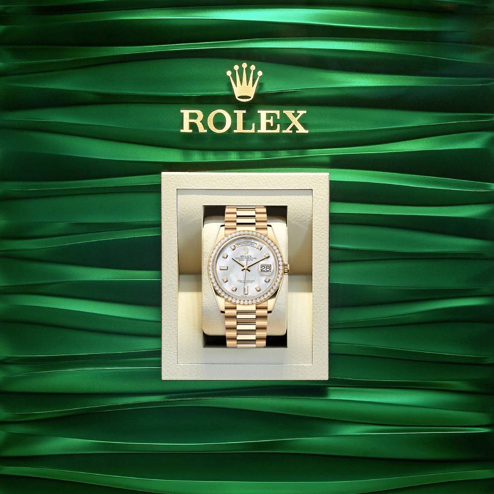 Rolex Day Date 36mm - Ref: 128348rbr-0017 - White Mother of Pearl Diamond Dial & Diamond Bezel, 18K Yellow Gold President Bracelet Watch