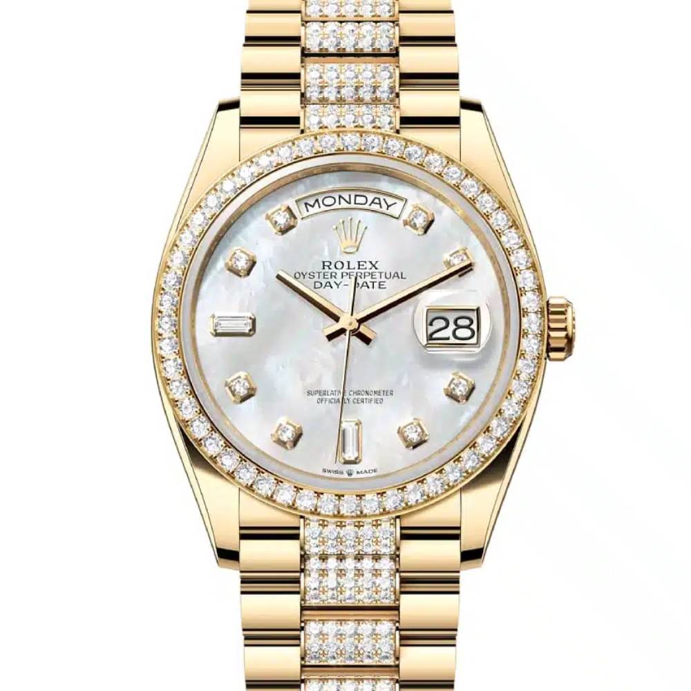 Rolex Day Date 36mm - Ref: 128348rbr-0019 - White Mother of Pearl Diamond Dial & Diamond Bezel, 18K Yellow Gold & Diamonds President Bracelet Watch