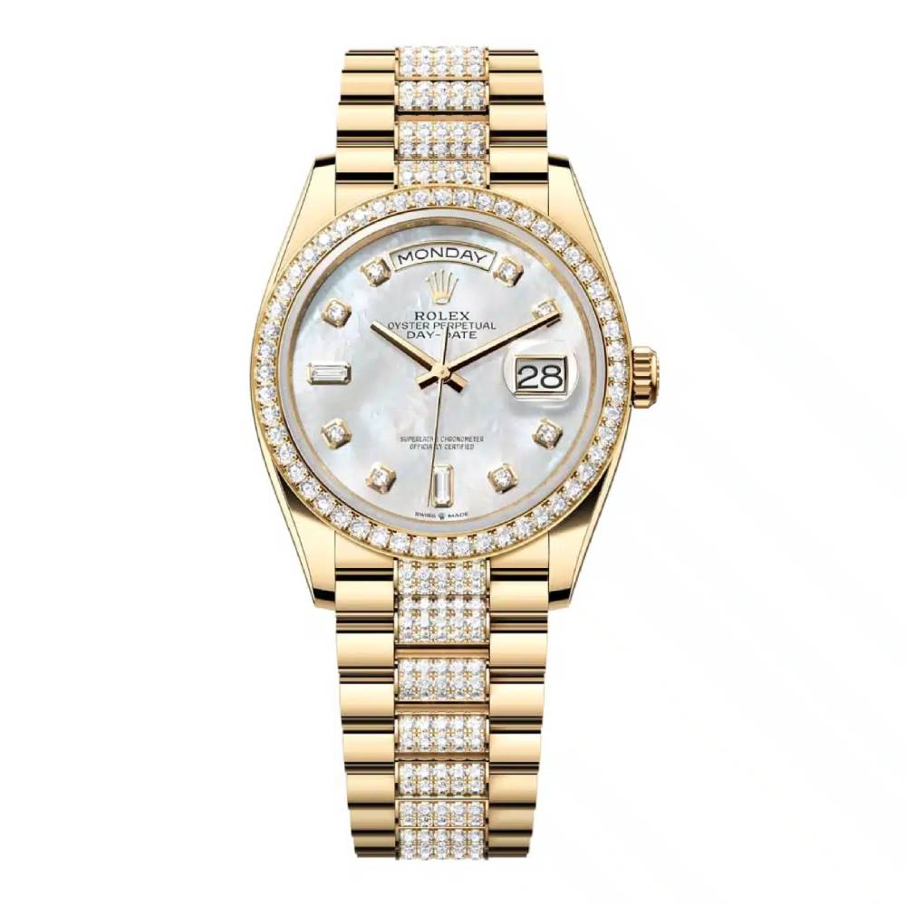 Rolex Day Date 36mm - Ref: 128348rbr-0019 - White Mother of Pearl Diamond Dial & Diamond Bezel, 18K Yellow Gold & Diamonds President Bracelet Watch