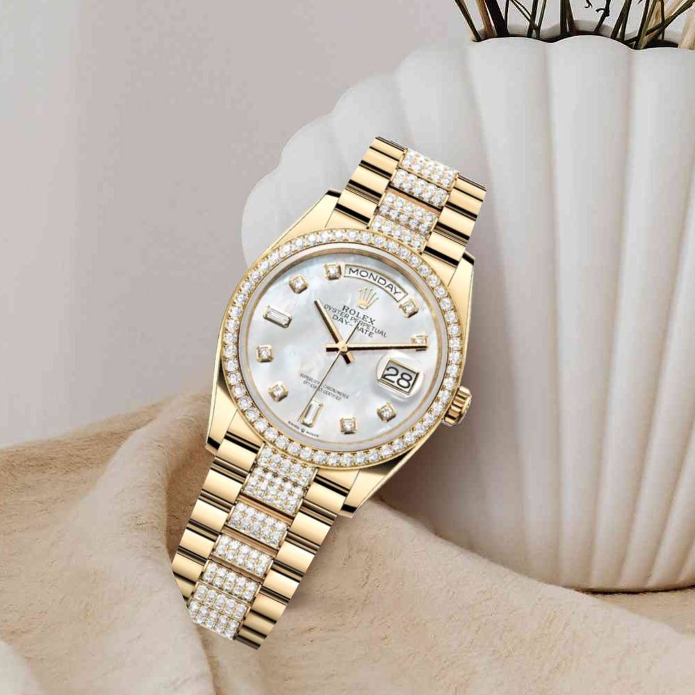 Rolex Day Date 36mm - Ref: 128348rbr-0019 - White Mother of Pearl Diamond Dial & Diamond Bezel, 18K Yellow Gold & Diamonds President Bracelet Watch