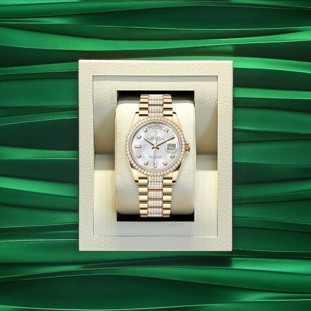 Rolex Day Date 36mm - Ref: 128348rbr-0019 - White Mother of Pearl Diamond Dial & Diamond Bezel, 18K Yellow Gold & Diamonds President Bracelet Watch