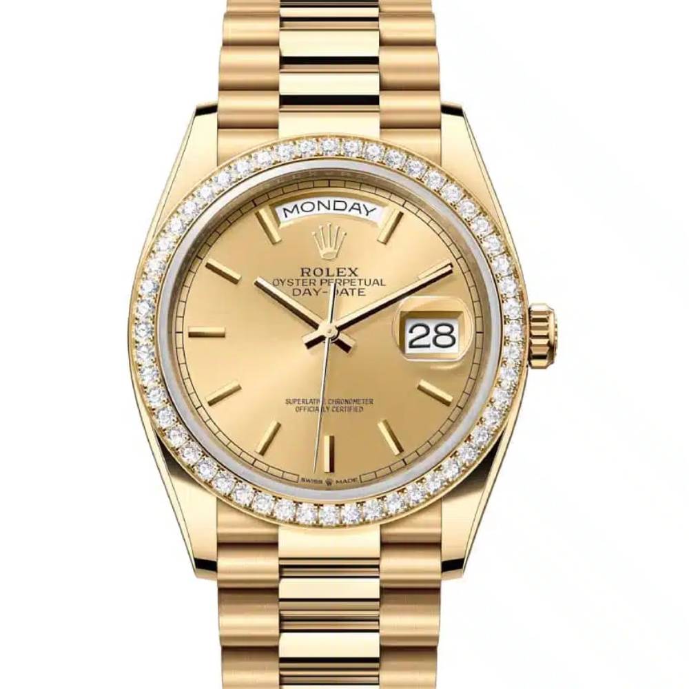 Rolex Day Date 36mm - Ref: 128348rbr-0026 - Champagne Stick Dial & Diamond Bezel, 18K Yellow Gold President Bracelet Watch