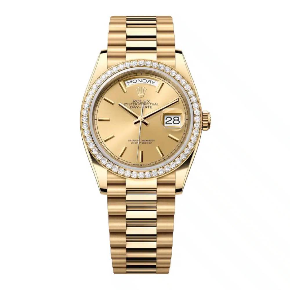 Rolex Day Date 36mm - Ref: 128348rbr-0026 - Champagne Stick Dial & Diamond Bezel, 18K Yellow Gold President Bracelet Watch