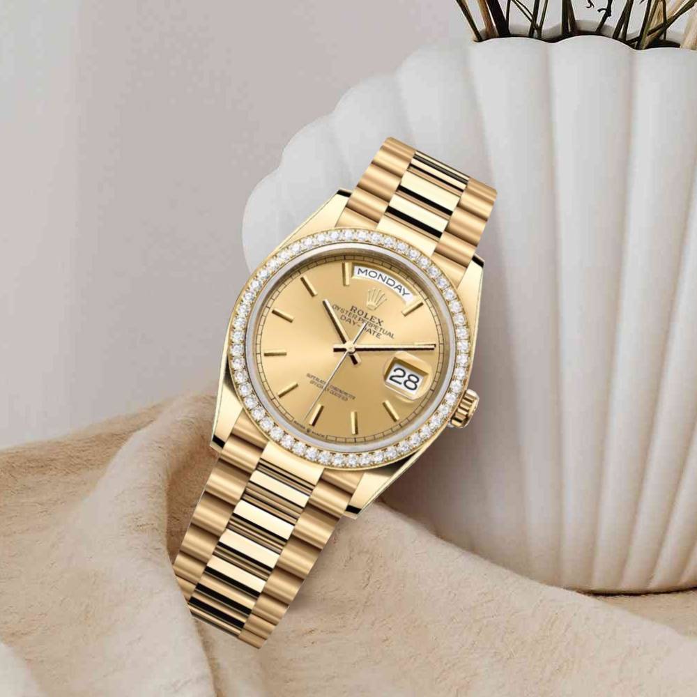 Rolex Day Date 36mm - Ref: 128348rbr-0026 - Champagne Stick Dial & Diamond Bezel, 18K Yellow Gold President Bracelet Watch