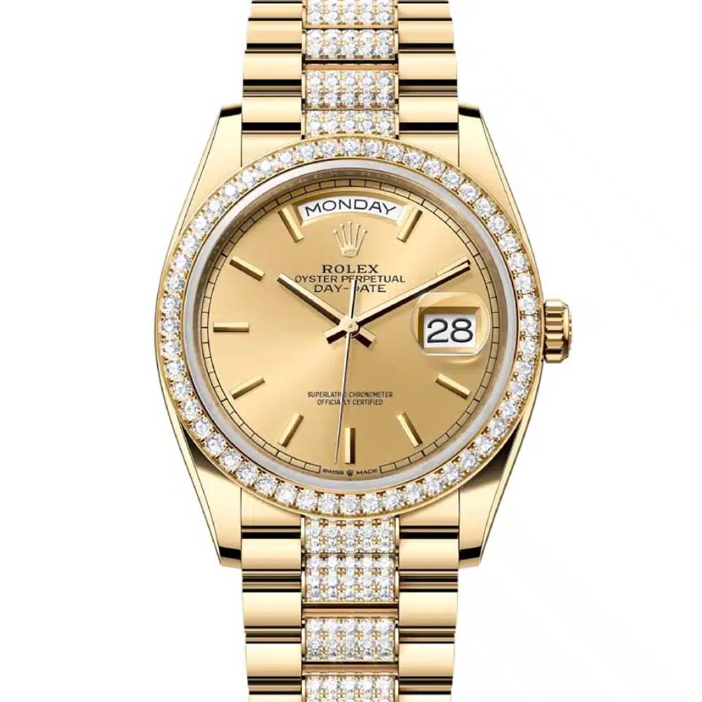 Rolex Day Date 36mm - Ref: 128348rbr-0027 - Champagne Stick Dial & Diamond Bezel, 18K Yellow Gold & Diamonds President Bracelet Watch