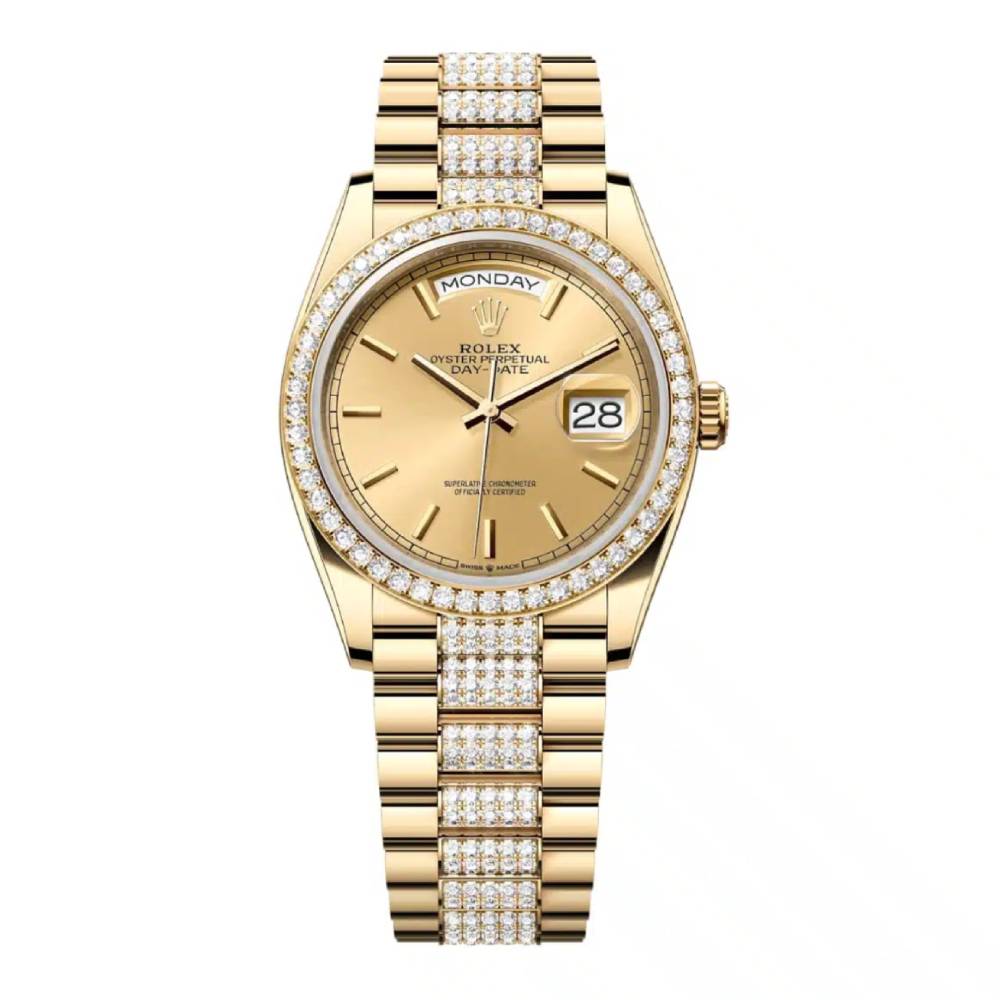 Rolex Day Date 36mm - Ref: 128348rbr-0027 - Champagne Stick Dial & Diamond Bezel, 18K Yellow Gold & Diamonds President Bracelet Watch