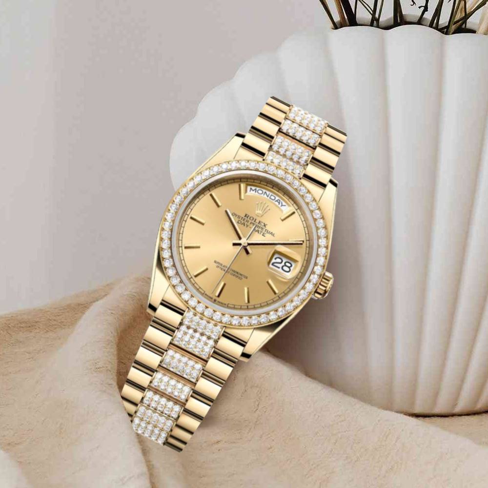 Rolex Day Date 36mm - Ref: 128348rbr-0027 - Champagne Stick Dial & Diamond Bezel, 18K Yellow Gold & Diamonds President Bracelet Watch