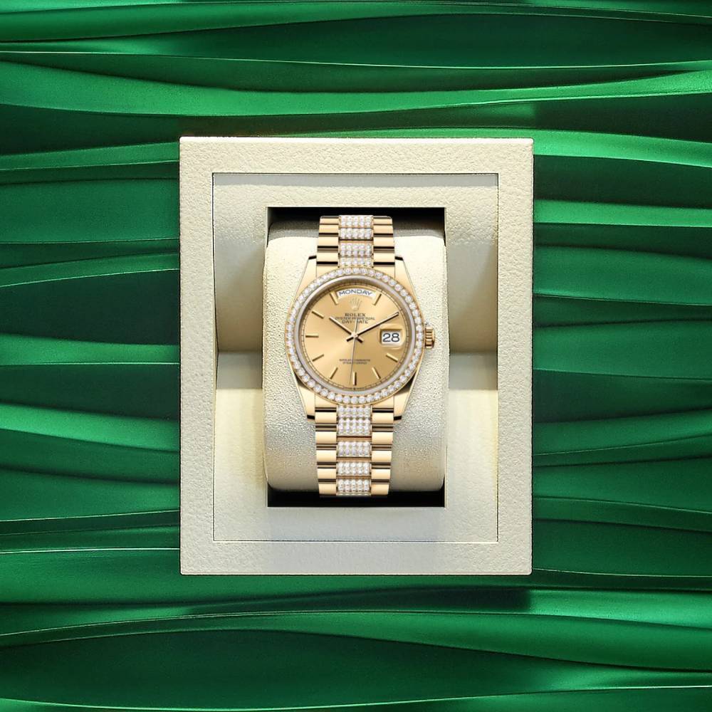 Rolex Day Date 36mm - Ref: 128348rbr-0027 - Champagne Stick Dial & Diamond Bezel, 18K Yellow Gold & Diamonds President Bracelet Watch