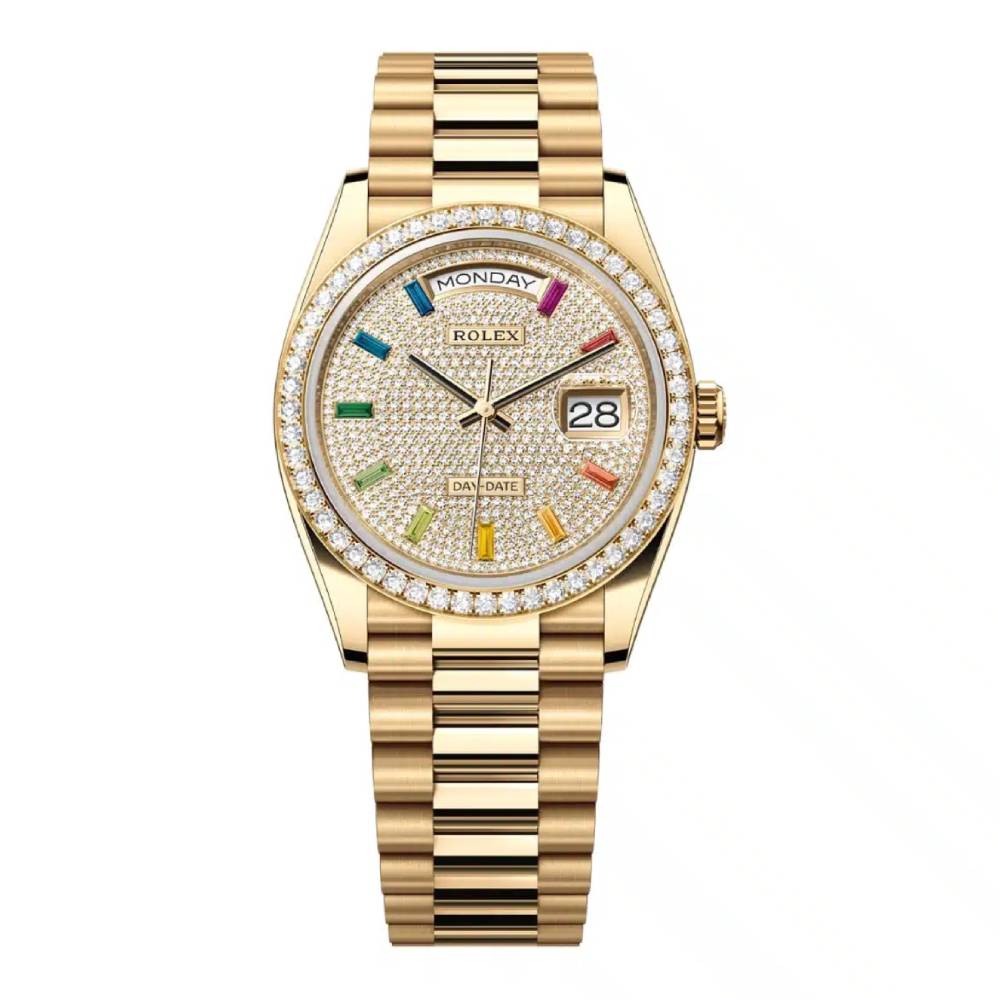 Rolex Day Date 36mm - Ref: 128348rbr-0030 - Pave Rainbow Diamond Dial & Diamond Bezel, 18K Yellow Gold President Bracelet Watch