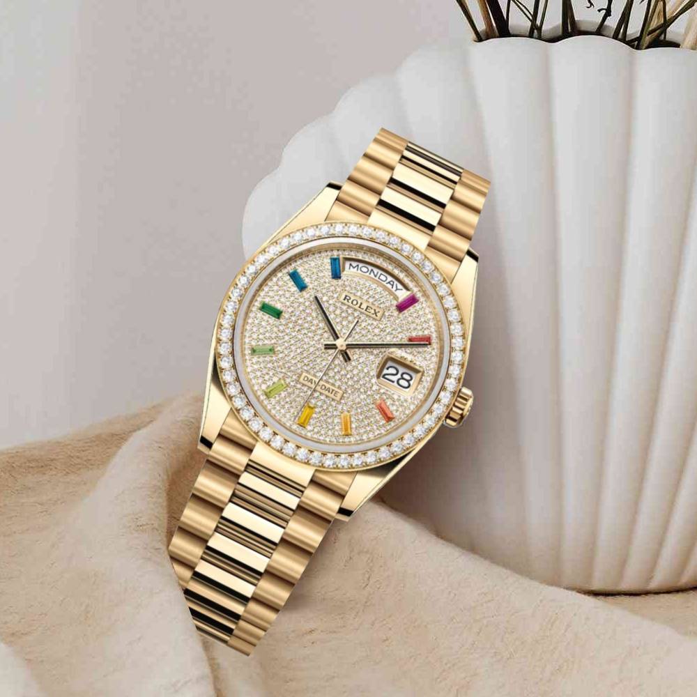 Rolex Day Date 36mm - Ref: 128348rbr-0030 - Pave Rainbow Diamond Dial & Diamond Bezel, 18K Yellow Gold President Bracelet Watch