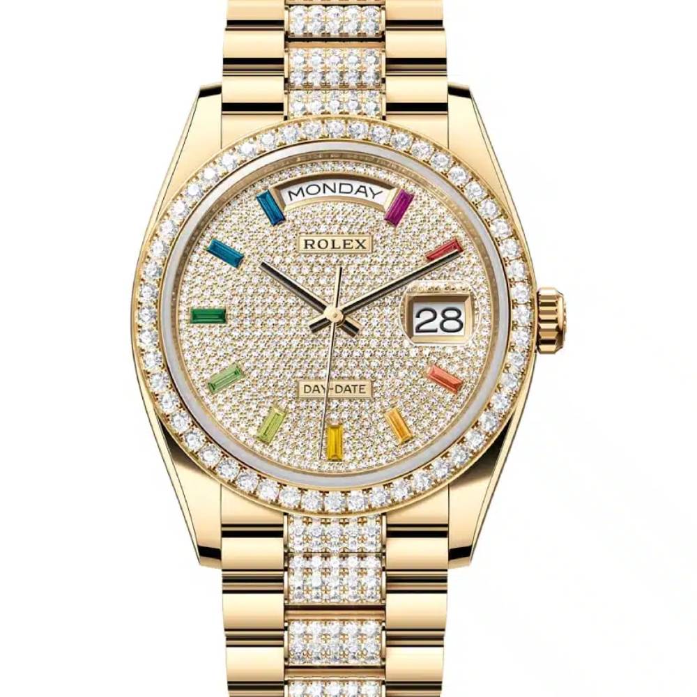 Rolex Day Date 36mm - Ref: 128348rbr-0031 - Pave Rainbow Diamond Dial & Diamond Bezel, 18K Yellow Gold & Diamonds President Bracelet Watch