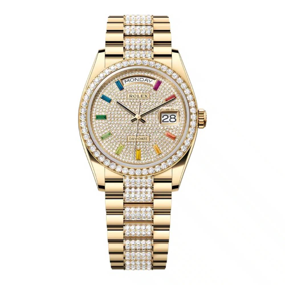 Rolex Day Date 36mm - Ref: 128348rbr-0031 - Pave Rainbow Diamond Dial & Diamond Bezel, 18K Yellow Gold & Diamonds President Bracelet Watch