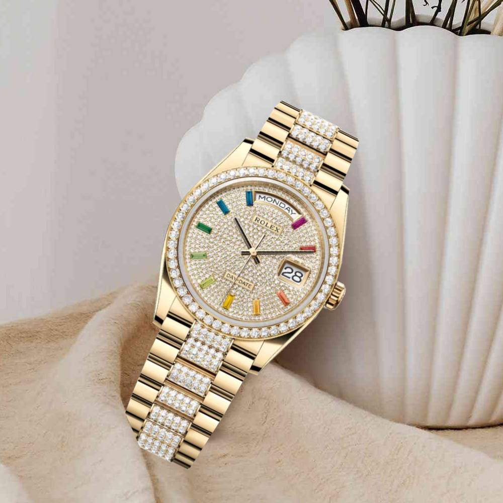 Rolex Day Date 36mm - Ref: 128348rbr-0031 - Pave Rainbow Diamond Dial & Diamond Bezel, 18K Yellow Gold & Diamonds President Bracelet Watch