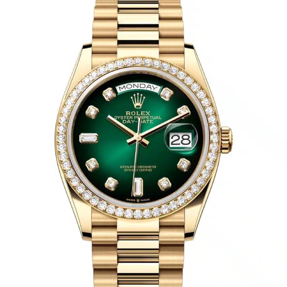 Rolex Day Date 36mm - Ref: 128348rbr-0035 - Green Ombre Diamond Dial & Diamond Bezel, 18K Yellow Gold President Bracelet Watch