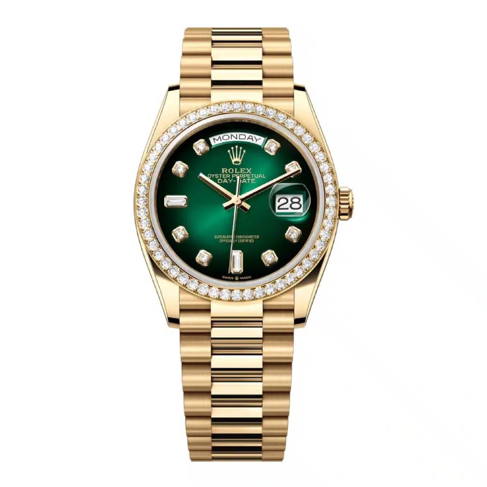 Rolex Day Date 36mm - Ref: 128348rbr-0035 - Green Ombre Diamond Dial & Diamond Bezel, 18K Yellow Gold President Bracelet Watch